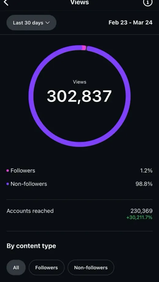 Captura de las estadísticas de Instagram de una cuenta nueva: 302.837 reproducciones en sus primeros 30 días.